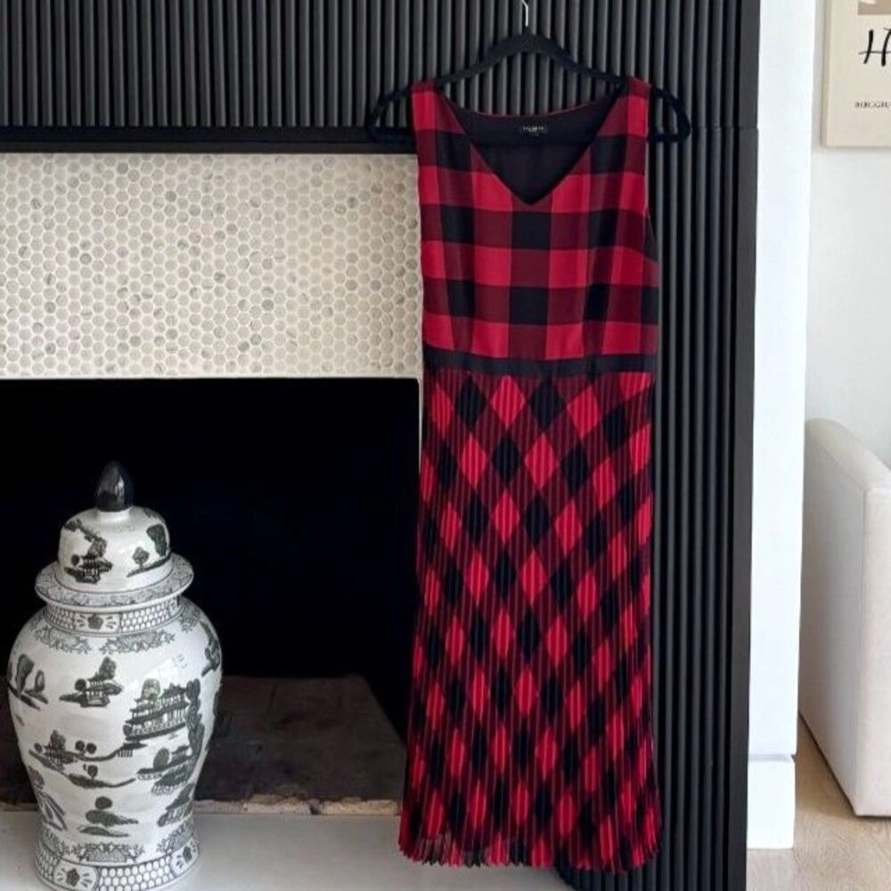 Talbots Buffalo Plaid Pleated Midi Dress Red Black Sleeveless Fit Flare 8P